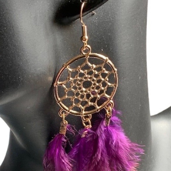 PURPLE Dreamcatcher Feather Tassel Sparkle Dangle Boho Pierced Earrings - Picture 3 of 3